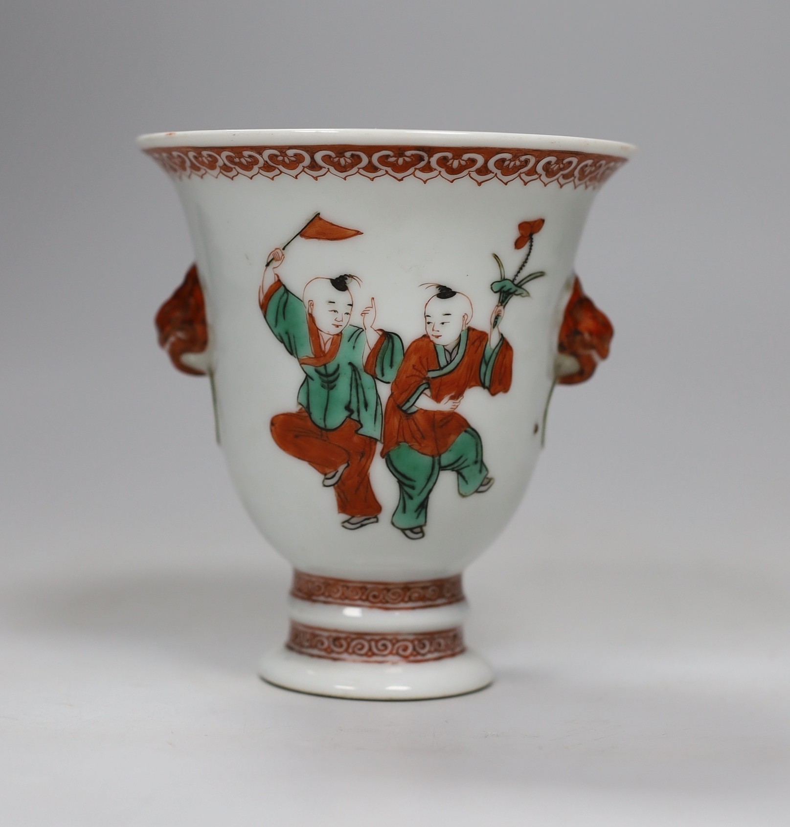A 19th century Chinese enamelled porcelain ‘Boys’ stem cup, 11.5cm
